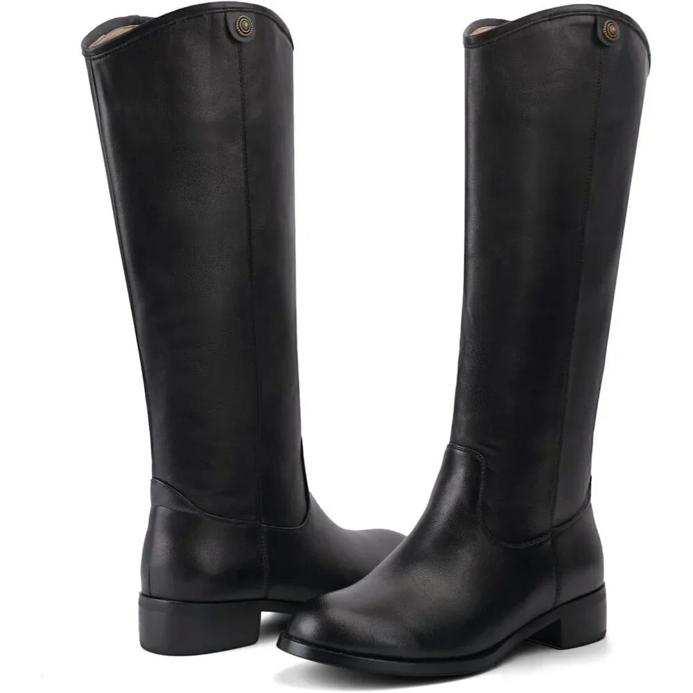 Women's Black Round Toe Chunky Heel Faux Suede Tall Knee High Boots Rubber